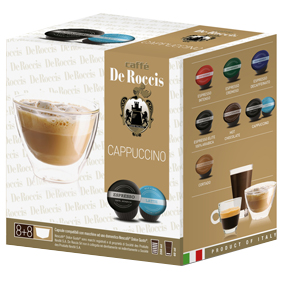 Caffe' De Roccis Cappuccino - 1 Capsule. A happy Italian mix for the most popular hot drink in the world. Creamy and dense, a real cappuccino as in the bar.