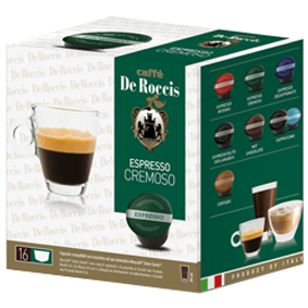 Caffe' De Roccis Cremoso x16 - Smooth coffee with a full and round flavor and enjoyable finish. Its very rich crema is typical of the quintessential Italian Espresso.