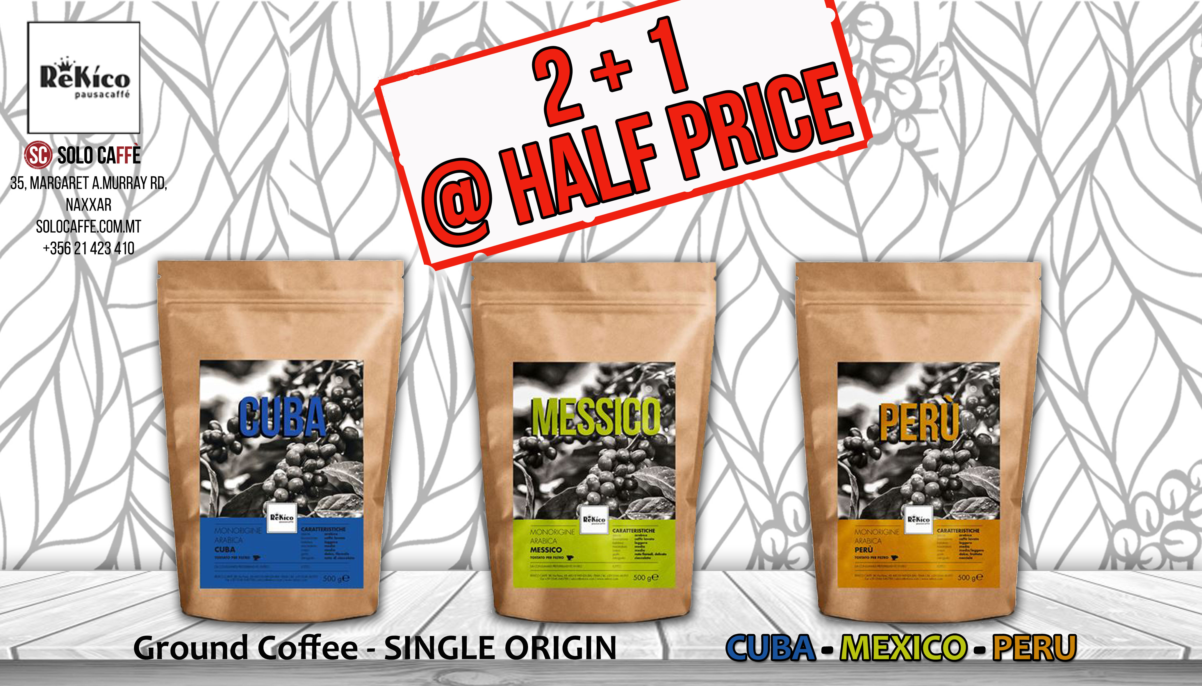 Caffe' Rekico single origin PROMO. Buy 2 and get the 3rd at HALF PRICE! Let us know your preferred blends in the 'notes' section.